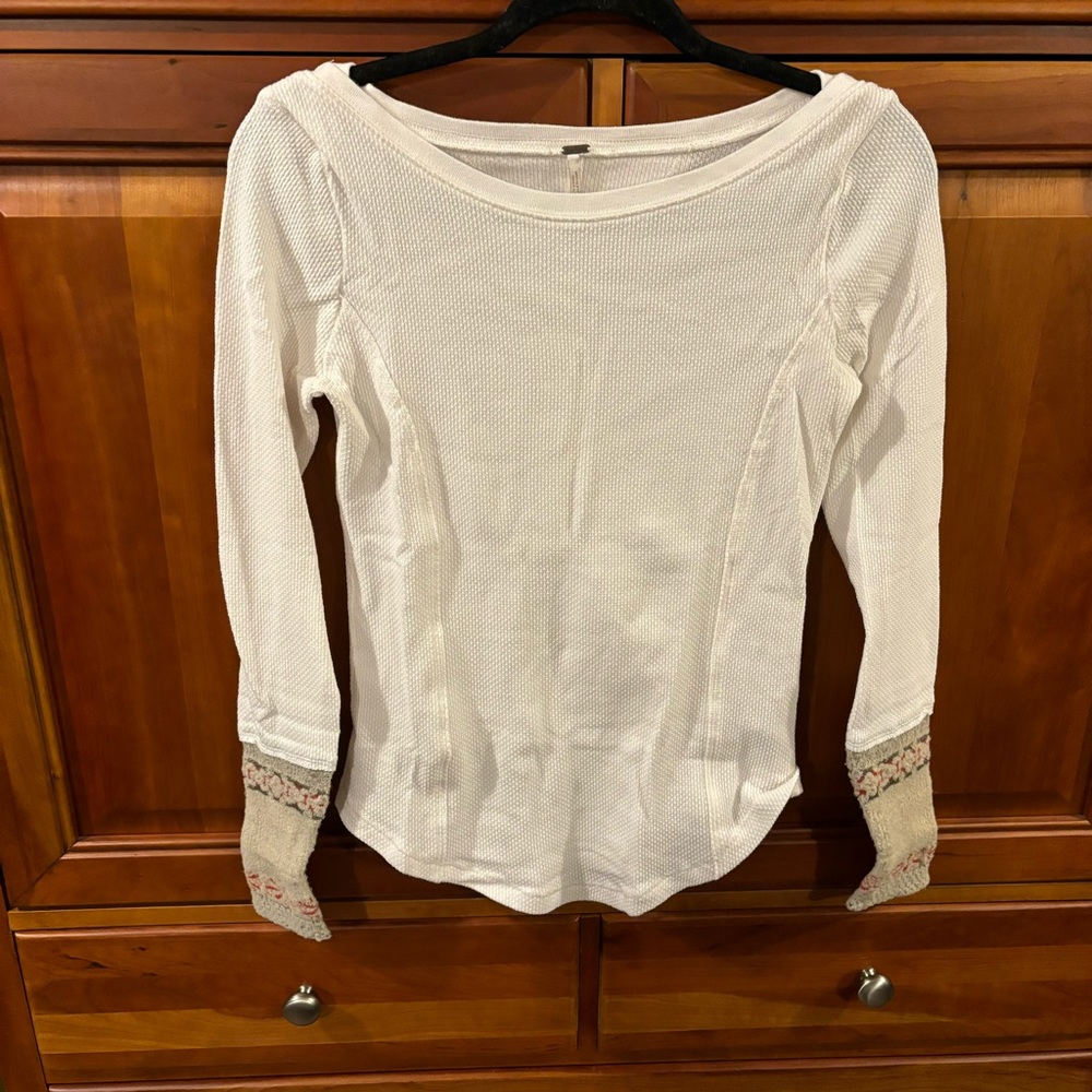 Free People White Henley with Knit Cuffs